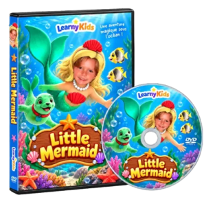Coffret_DVD_Little_Mermaid LearnyKids Little Mermaid personalised animated film on DVD, featuring a child's face as a mermaid in a colourful underwater adventure, with personalised DVD cover and disc.