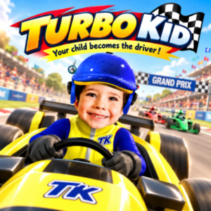 Turbo-kid-animated-film-learnykids Turbo Kid boy driving car for his personalised animated movie with his name and picture