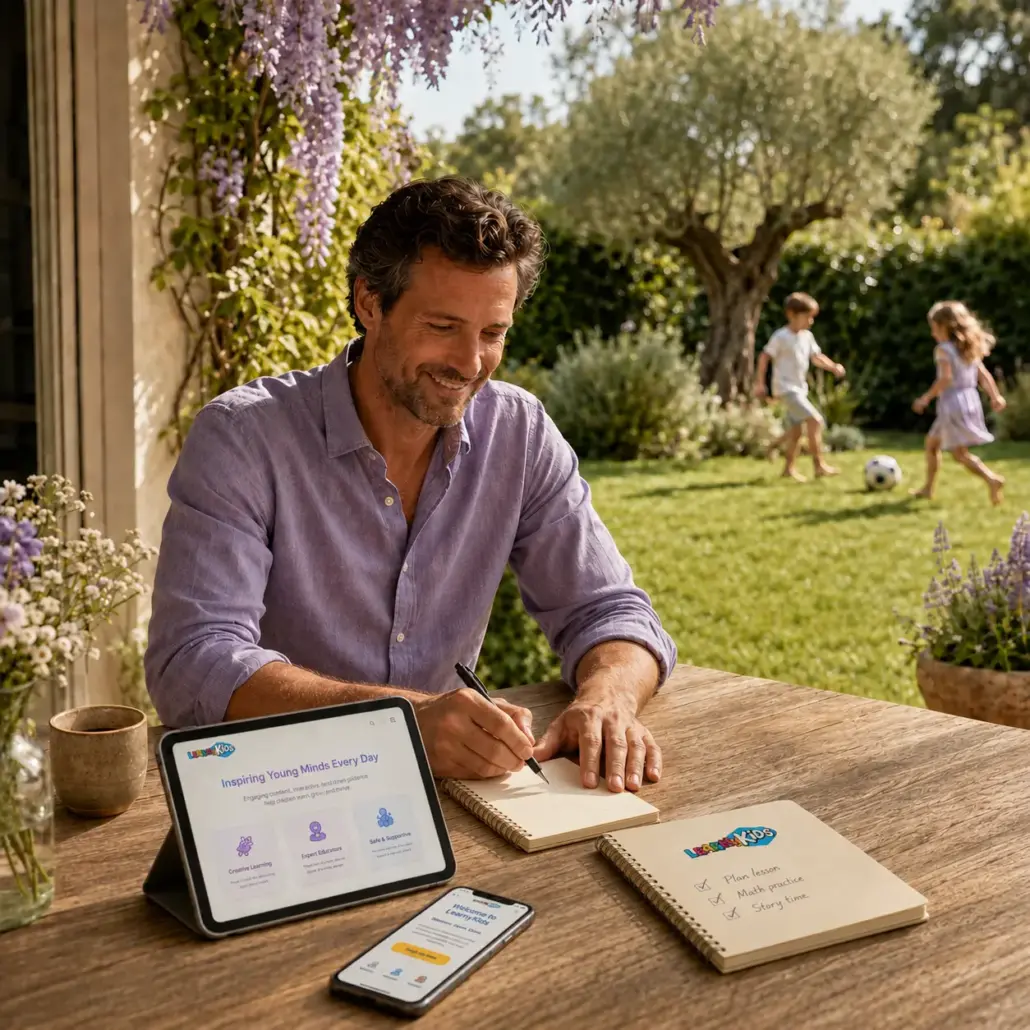 activite-flexible-learnykids-depuis-domicile-pack-essentiel Entrepreneur travaillant depuis son jardin sur une activité flexible de créations personnalisées pour enfants