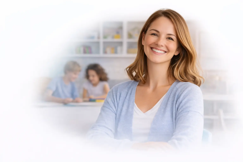 Entrepreneure dans la petite enfance travaillant à domicile avec des enfants en arrière-plan