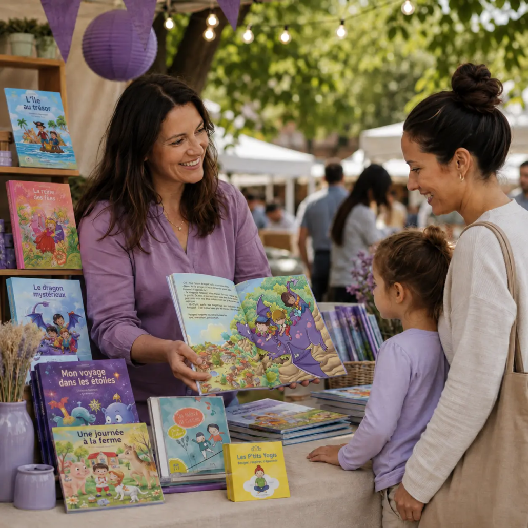 Partenaire LearnyKids présentant un livre personnalisé à une mère et son enfant sur un marché