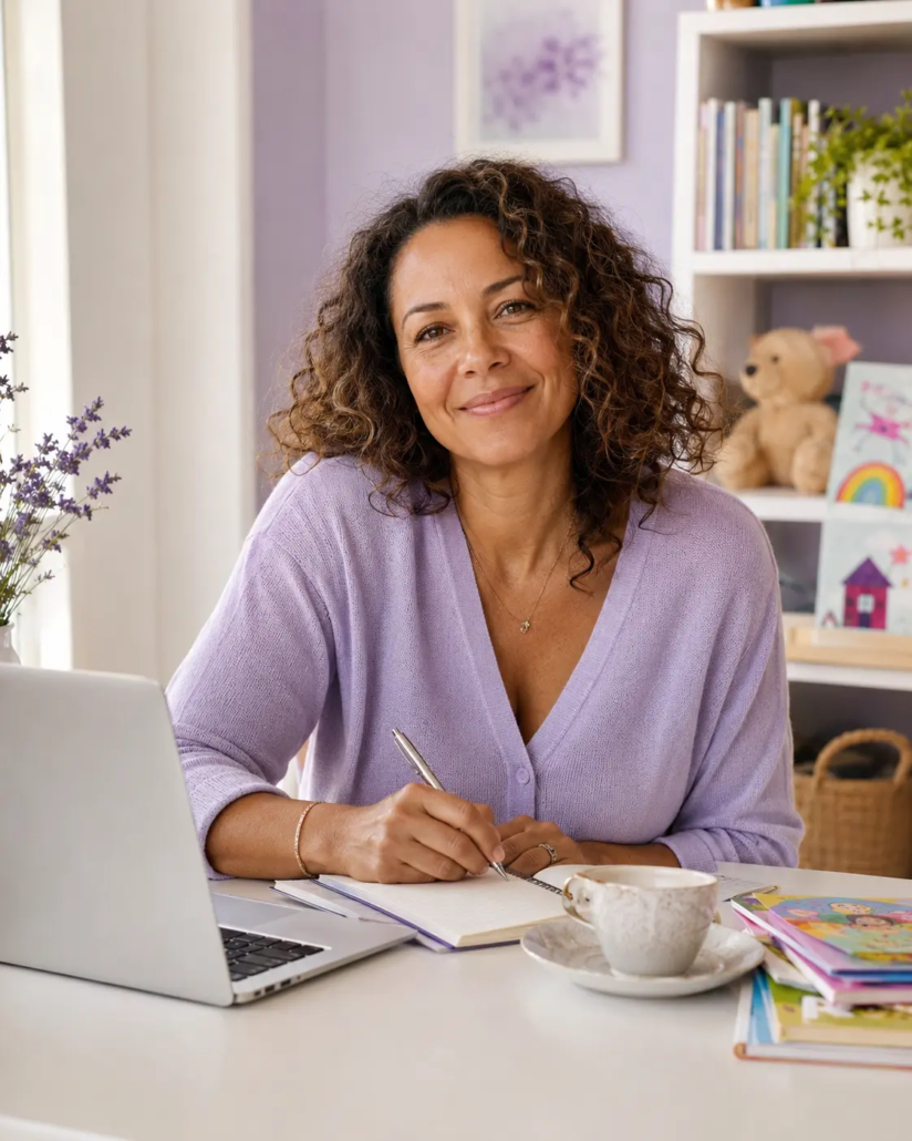 Femme en reconversion développant une activité flexible et créative avec LearnyKids