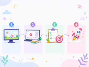 Four-step LearnyKids onboarding illustration showing a simple path from discovery to first actions.