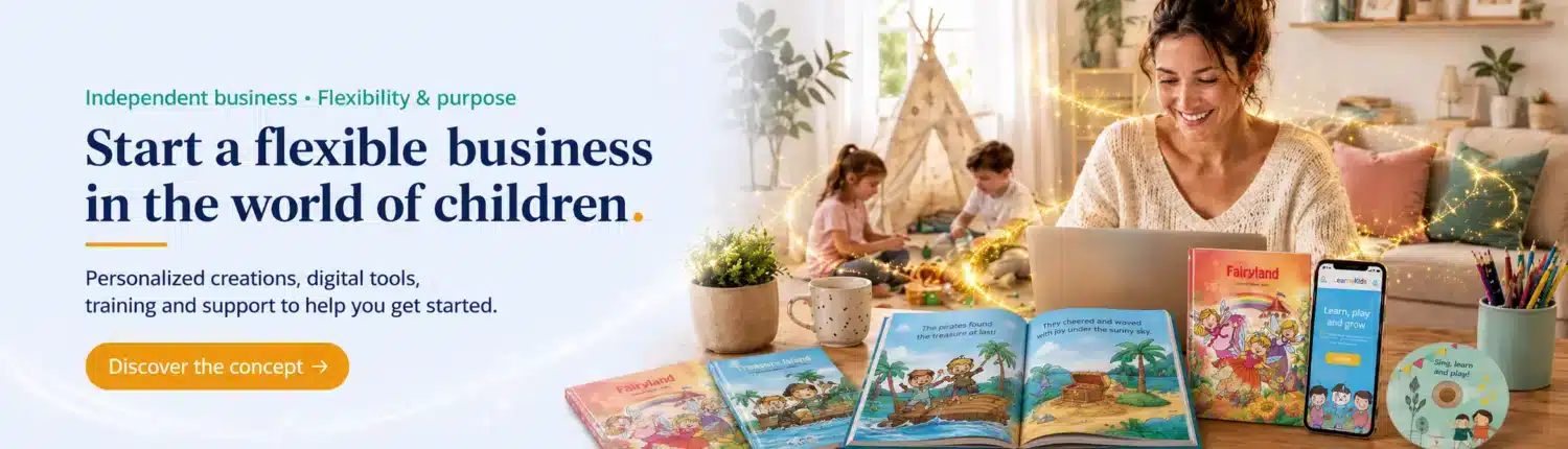 Start a flexible business in the world of children with LearnyKids, including personalised creations, digital tools, training and support.