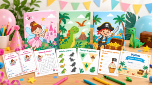 Kits anniversaire LearnyKids pour enfants sur les thèmes fées, dinosaures et trésor pirate avec invitations, jeux, décorations et diplôme