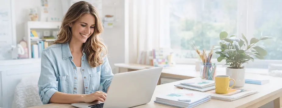 Femme travaillant sur ordinateur à domicile pour développer une activité créative avec le concept LearnyKids.