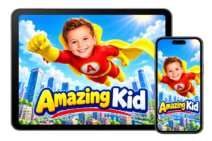learnykids-amazing-kid-personalised-animated-film-mp4 LearnyKids Amazing Kid personalised animated superhero film featuring a young boy flying over a city, displayed on a tablet and smartphone.