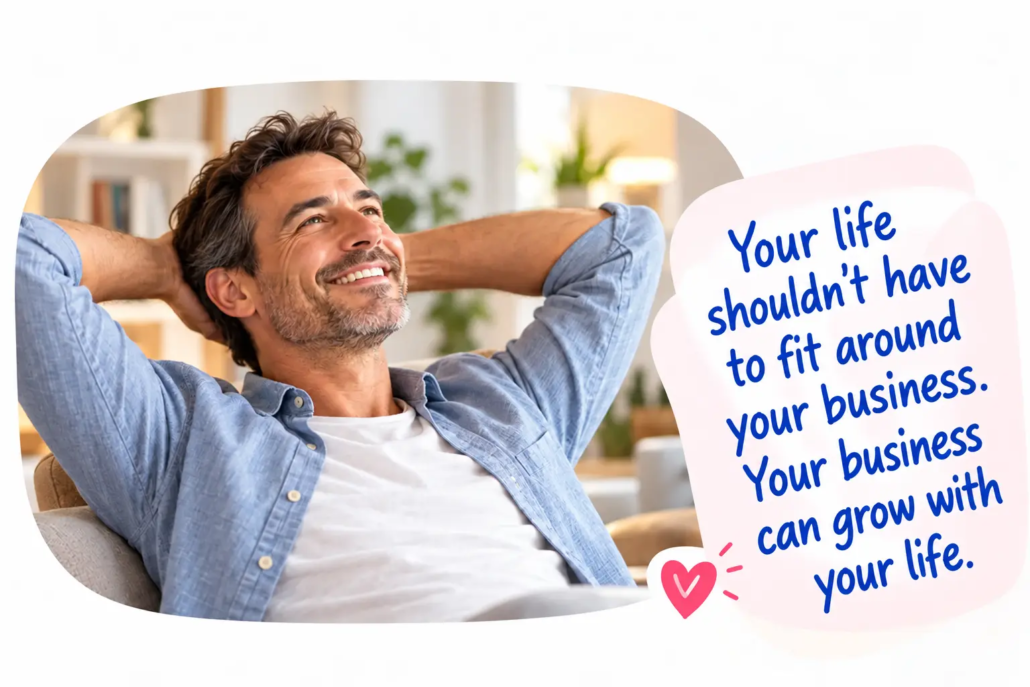 learnykids-business-that-fits-your-life Man relaxing at home with the message that a flexible LearnyKids business can grow around your life.