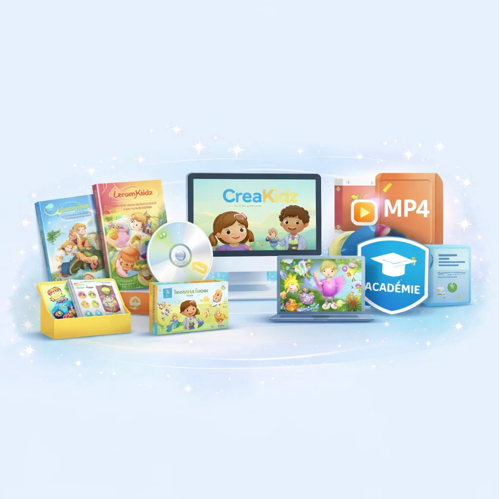 Catalogue structuré LearnyKids avec livres personnalisés, chansons, dessins animés, kits créatifs et plateforme digitale