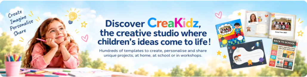 Smiling young girl imagining creative projects with CréaKidz, a digital platform offering personalised books, magazines and school projects for children.