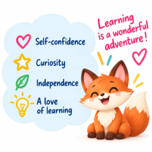 Colourful LearnyKids illustration featuring a happy fox and four benefits of learning through play: self-confidence, curiosity, independence and a love of learning.