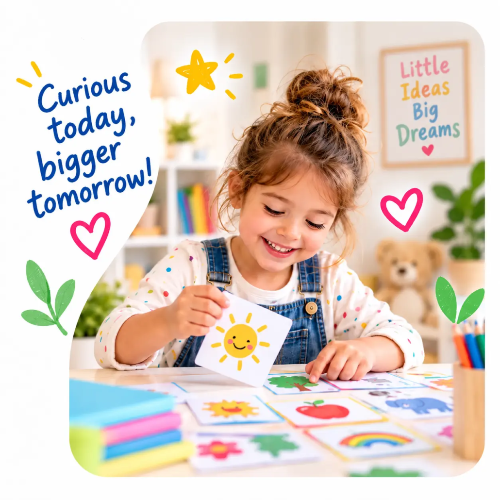 Happy young girl exploring colourful educational activity cards from LearnyKids, developing curiosity, creativity and confidence through play.