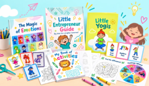 LearnyKids educational activity kits for children featuring The Magic of Emotions, Little Entrepreneur Guide, Little Yogis, printable worksheets and creative learning games.