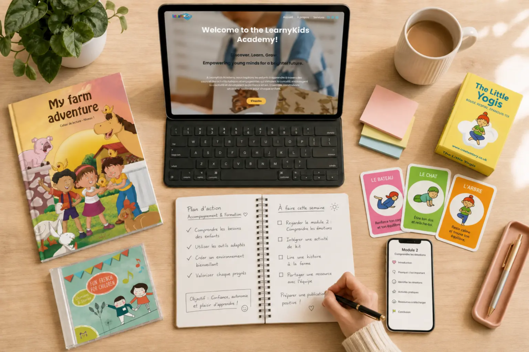 LearnyKids Essential Pack workspace with English children’s book, online training tablet, educational cards and personalised learning resources