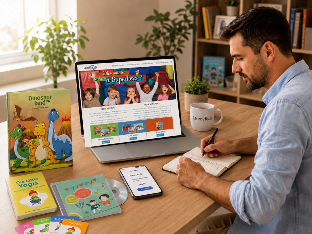 Man working at a desk with LearnyKids website on laptop, English Dinosaur Land book, The Little Yogis cards and children’s learning resources