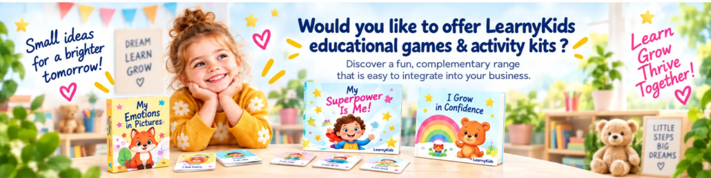 Happy young girl surrounded by LearnyKids educational activity kits and games, including My Emotions in Pictures, My Superpower Is Me and I Grow in Confidence.