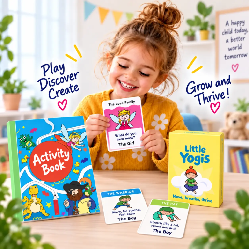 Happy young girl exploring LearnyKids educational activity kits, including Little Yogis yoga cards, an activity book and fun learning games for children.