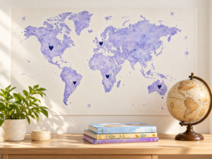 Lavender world map with books and a globe, illustrating the international LearnyKids network spanning more than 24 countries.