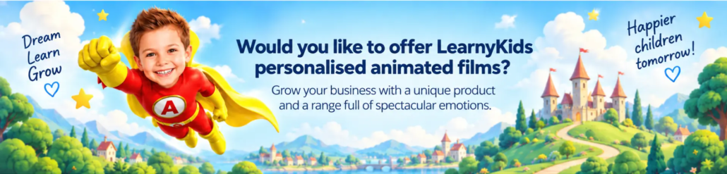 learnykids-personalised-animated-films-business-opportunity-banner Happy young boy dressed as a superhero flying over a magical landscape, promoting LearnyKids personalised animated films for children.