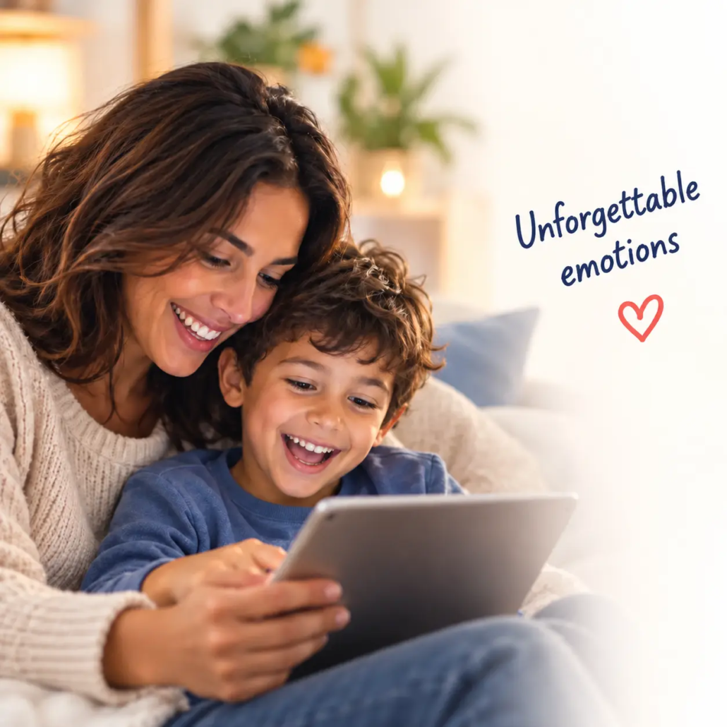 learnykids-personalised-animated-films-unforgettable-moments Happy mother and young son watching a tablet together, sharing a magical family moment with LearnyKids personalised animated films.