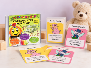 LearnyKids personalised Music for Me CD and educational family card games for children, combining music, creativity and learning through play.