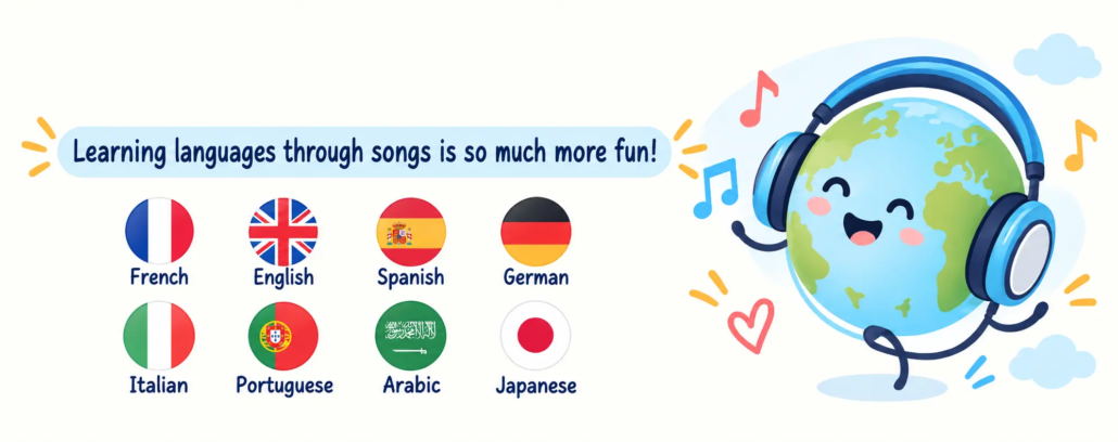 LearnyKids personalised children's songs available in 8 languages: French, English, Spanish, German, Italian, Portuguese, Arabic and Japanese.