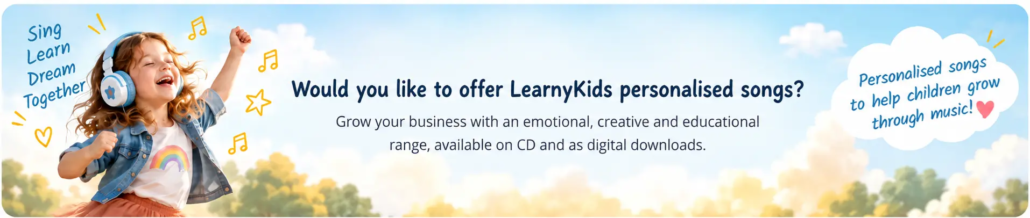 Happy young girl singing and dancing with headphones, illustrating the LearnyKids personalised songs collection available on CD and as digital downloads.