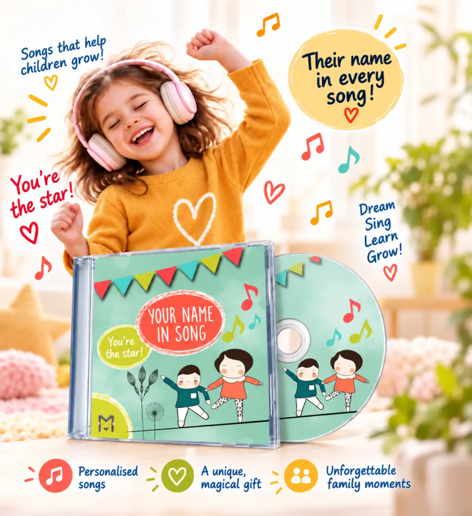 Happy young girl dancing with headphones alongside a LearnyKids personalised music CD, featuring children's songs with their own name.