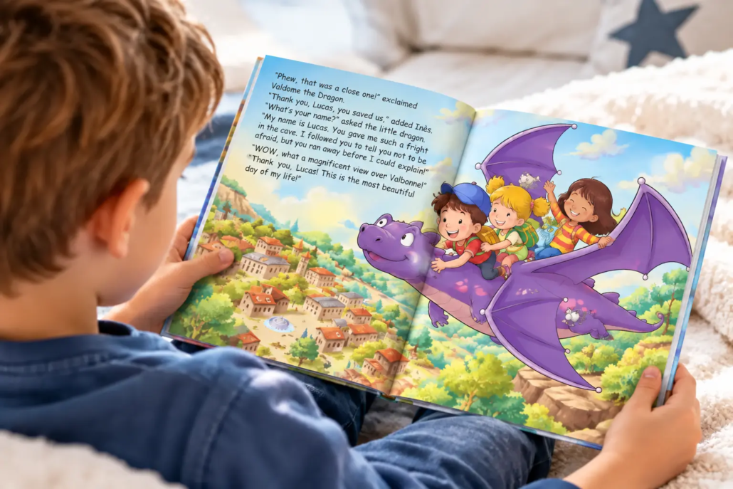 learnykids-personalised-storybook-dragon-adventure Child reading a personalised LearnyKids storybook featuring a magical dragon adventure.