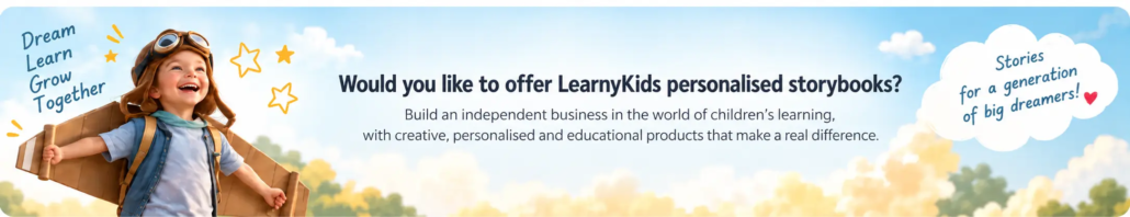 Happy child dressed as an aviator with cardboard wings, illustrating the opportunity to start a LearnyKids business offering personalised children's storybooks.