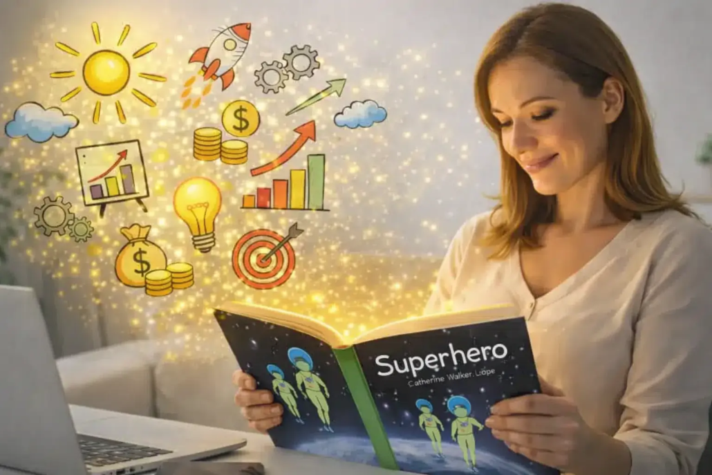 Woman reading a personalized children’s book at home representing a flexible creative children’s business with LearnyKids