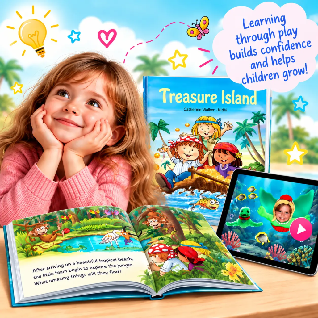 learnykids-treasure-island-learning-through-play Child discovering LearnyKids personalised books and digital learning activities through play.