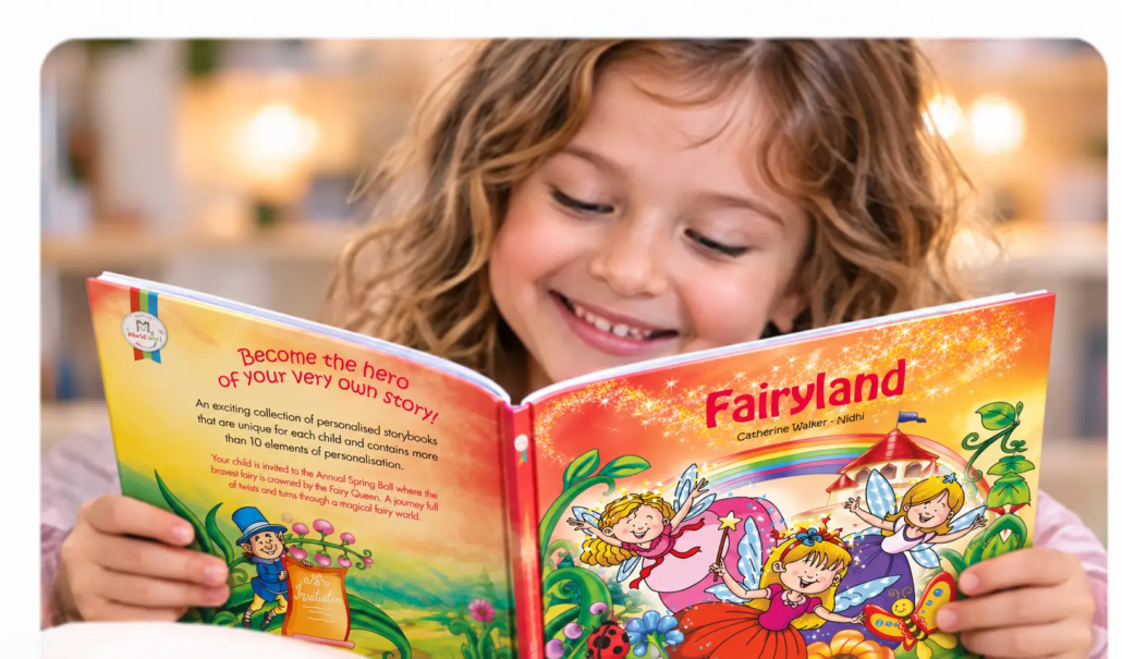 Enfant lisant le livre personnalisé Fairyland, une histoire magique où il devient le héros