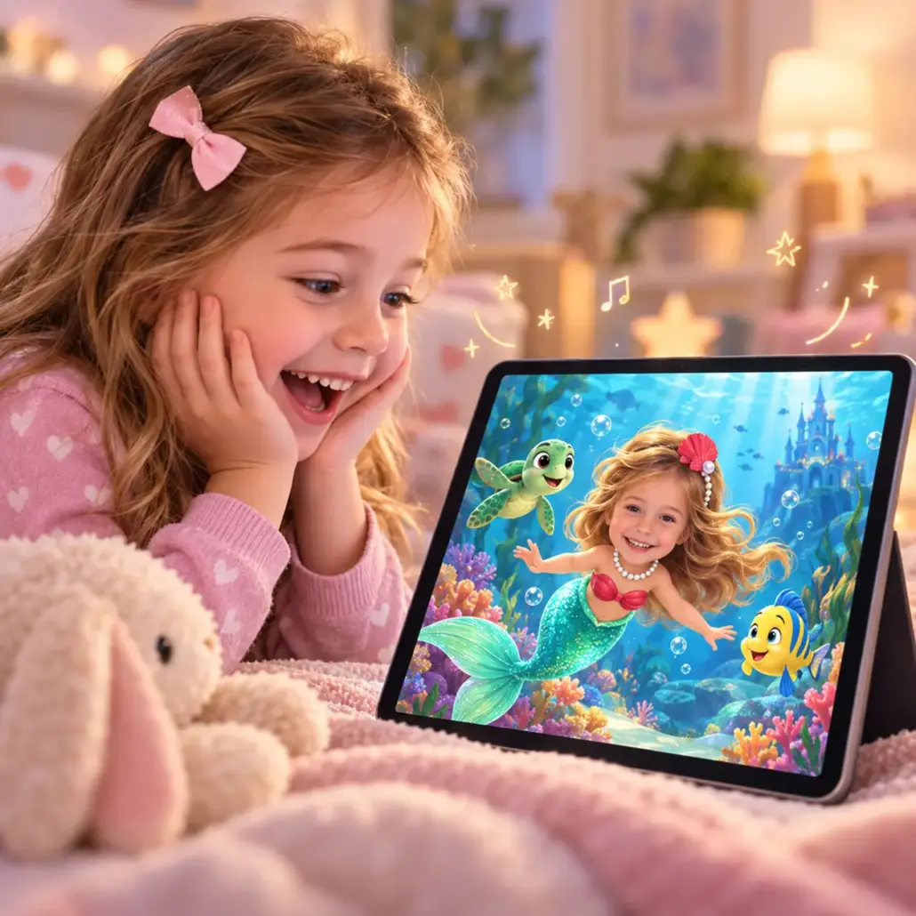 petite-fille-regarde-dessin-anime-petite-sirene-tablette Enfant regardant un dessin animé personnalisé de petite sirène sur tablette