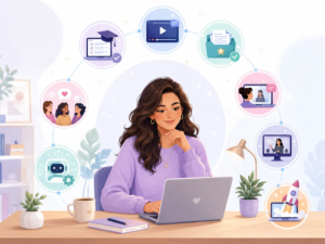 LearnyKids support environment illustration showing training, resources, community, digital tools and launch guidance.